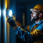 A photograph of a lighting contractor installing an emergency light in a dimly lit home