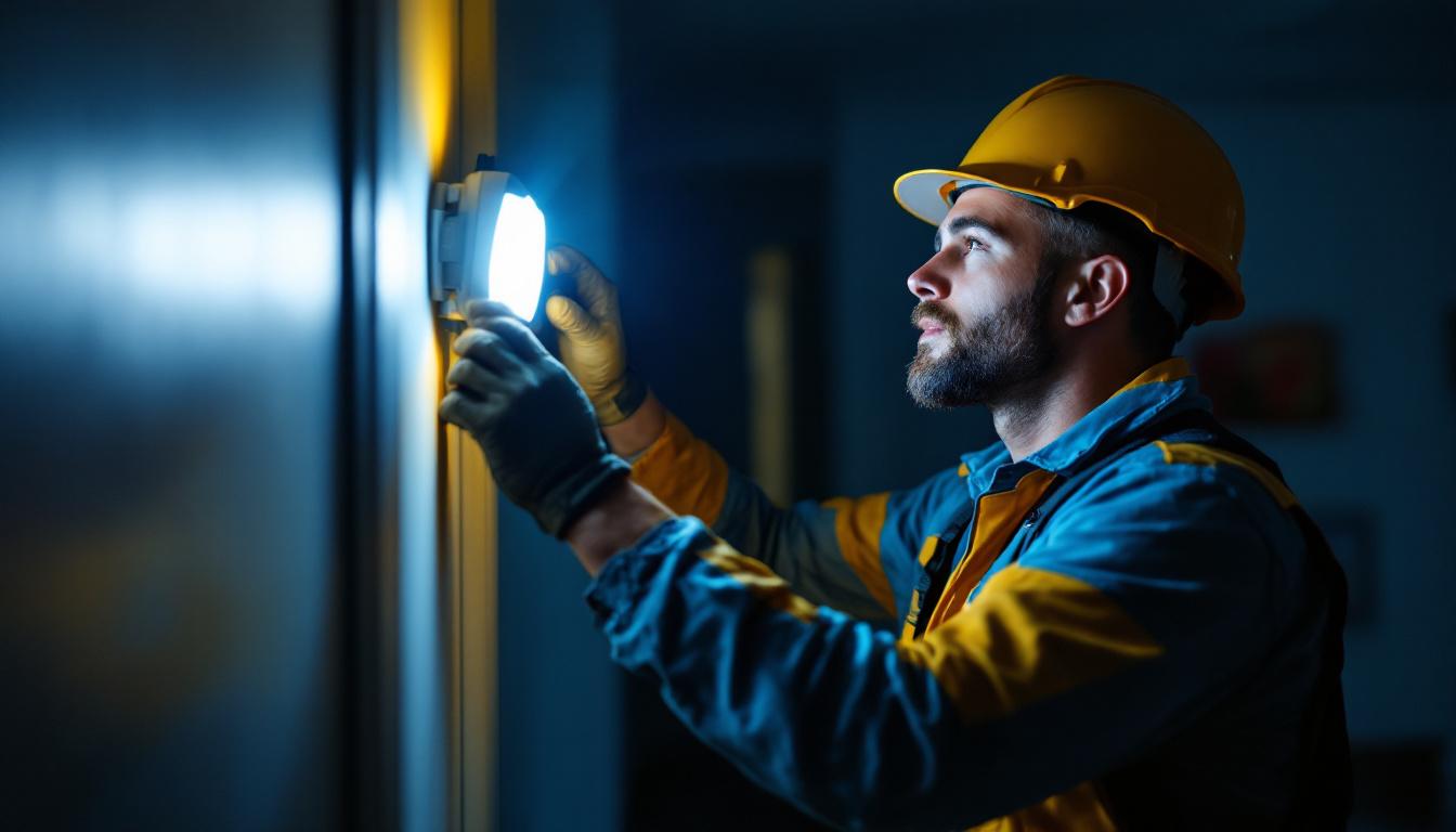 A photograph of a lighting contractor installing an emergency light in a dimly lit home