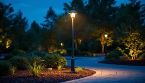 A photograph of capture a photograph of a well-lit outdoor post featuring various lighting options