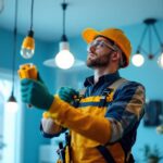 A photograph of a skilled lighting contractor in action