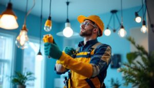 A photograph of a skilled lighting contractor in action