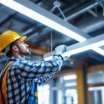 A photograph of a lighting contractor installing an 8-foot t12 led fixture in a commercial space