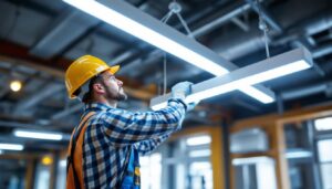 A photograph of a lighting contractor installing an 8-foot t12 led fixture in a commercial space