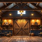 A photograph of a beautifully designed rustic barn interior featuring warm