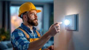 A photograph of a lighting contractor installing a smart switch motion sensor in a modern home setting