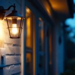 A photograph of a well-lit front porch at dusk