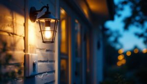 A photograph of a well-lit front porch at dusk