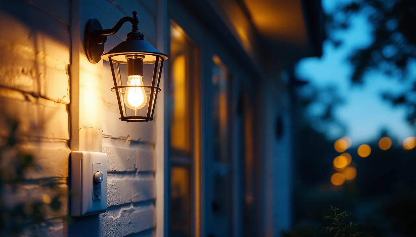 A photograph of a well-lit front porch at dusk
