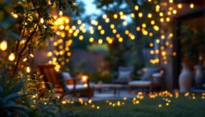 A photograph of a beautifully arranged outdoor scene featuring 100-foot led string lights elegantly draped across a patio or garden space