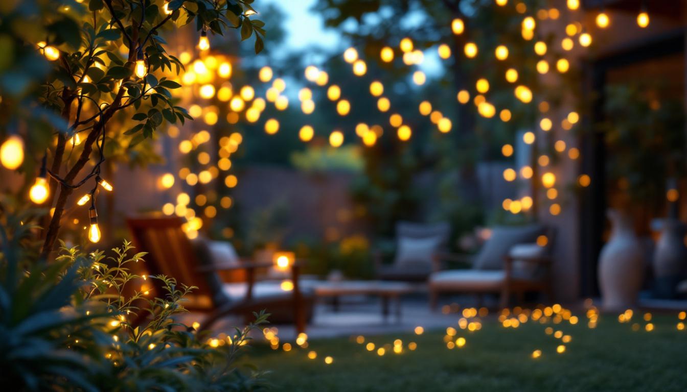A photograph of a beautifully arranged outdoor scene featuring 100-foot led string lights elegantly draped across a patio or garden space
