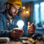 A photograph of a lighting contractor installing or showcasing an 18w led light bulb in a residential or commercial setting