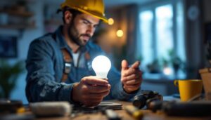 A photograph of a lighting contractor installing or showcasing an 18w led light bulb in a residential or commercial setting