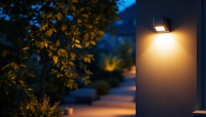 A photograph of a well-lit outdoor space featuring a sleek led motion sensor light in action