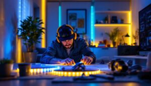 A photograph of a lighting contractor installing vibrant led strip lights in a modern interior space