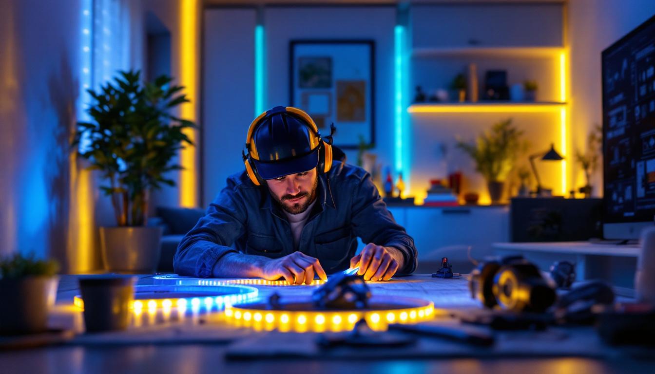 A photograph of a lighting contractor installing vibrant led strip lights in a modern interior space