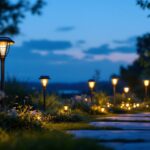 A photograph of a beautifully lit outdoor space featuring various styles of solar lights in a natural setting