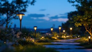 A photograph of a beautifully lit outdoor space featuring various styles of solar lights in a natural setting