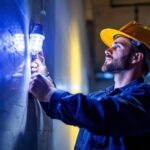A photograph of a lighting contractor installing or showcasing a 200-watt led light in a commercial or residential setting