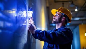A photograph of a lighting contractor installing or showcasing a 200-watt led light in a commercial or residential setting