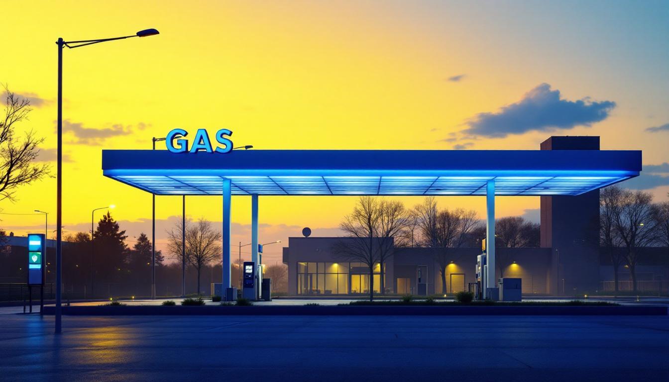 A photograph of a well-lit gas canopy at dusk