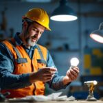 A photograph of a lighting contractor comparing an led fixture and an led bulb in a well-lit workspace