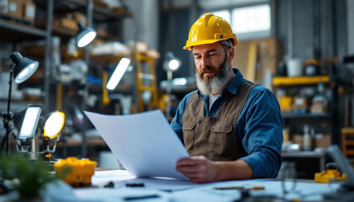 A photograph of a lighting contractor confidently reviewing project plans and specifications in a well-lit workspace