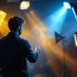 A photograph of a dynamic lighting setup in a film production environment