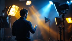 A photograph of a dynamic lighting setup in a film production environment