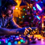 A photograph of a lighting contractor skillfully working with a variety of colorful led lights and tools on a residential or commercial project