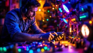 A photograph of a lighting contractor skillfully working with a variety of colorful led lights and tools on a residential or commercial project