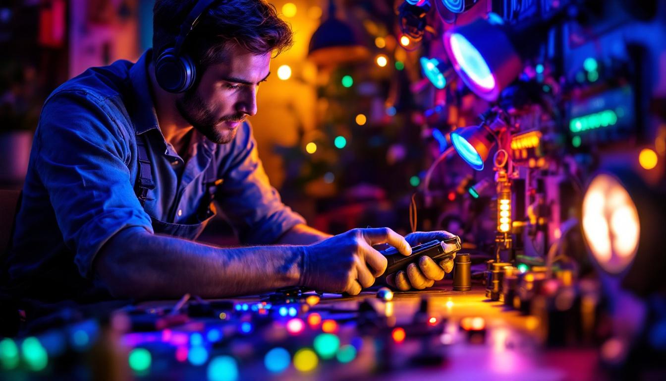 A photograph of a lighting contractor skillfully working with a variety of colorful led lights and tools on a residential or commercial project