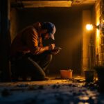 A photograph of a lighting contractor skillfully working in a dimly lit basement