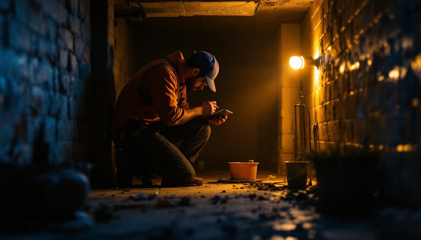 A photograph of a lighting contractor skillfully working in a dimly lit basement