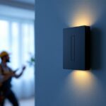 A photograph of a sleek black smart switch installed on a stylish wall