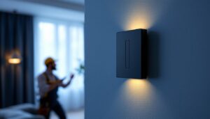 A photograph of a sleek black smart switch installed on a stylish wall