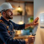 A photograph of a lighting contractor actively installing a modern push button light switch in a stylish home setting