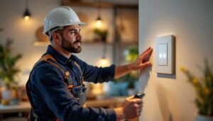 A photograph of a lighting contractor actively installing a modern push button light switch in a stylish home setting