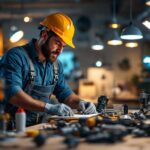 A photograph of a lighting contractor actively engaged in a project