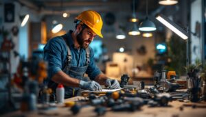 A photograph of a lighting contractor actively engaged in a project