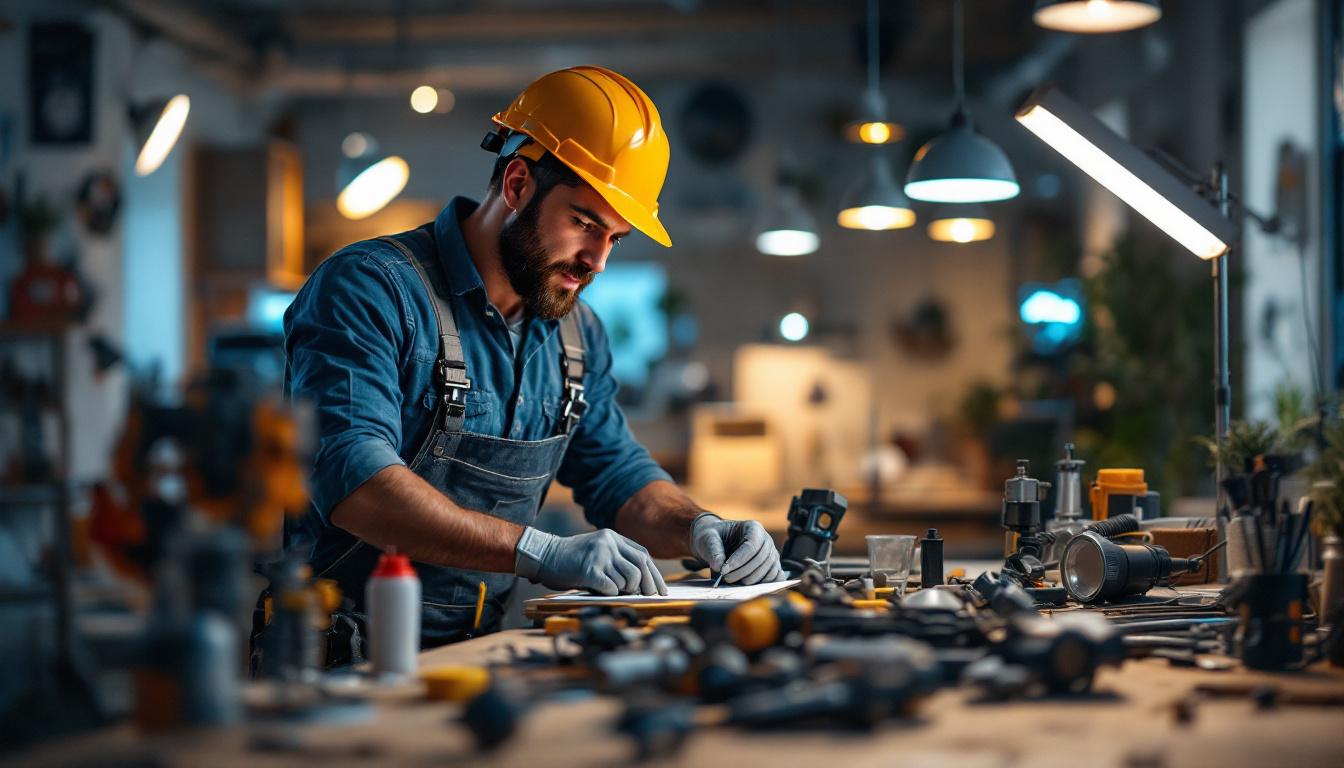 A photograph of a lighting contractor actively engaged in a project
