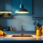 A photograph of a modern kitchen featuring a stylish overhead light fixture