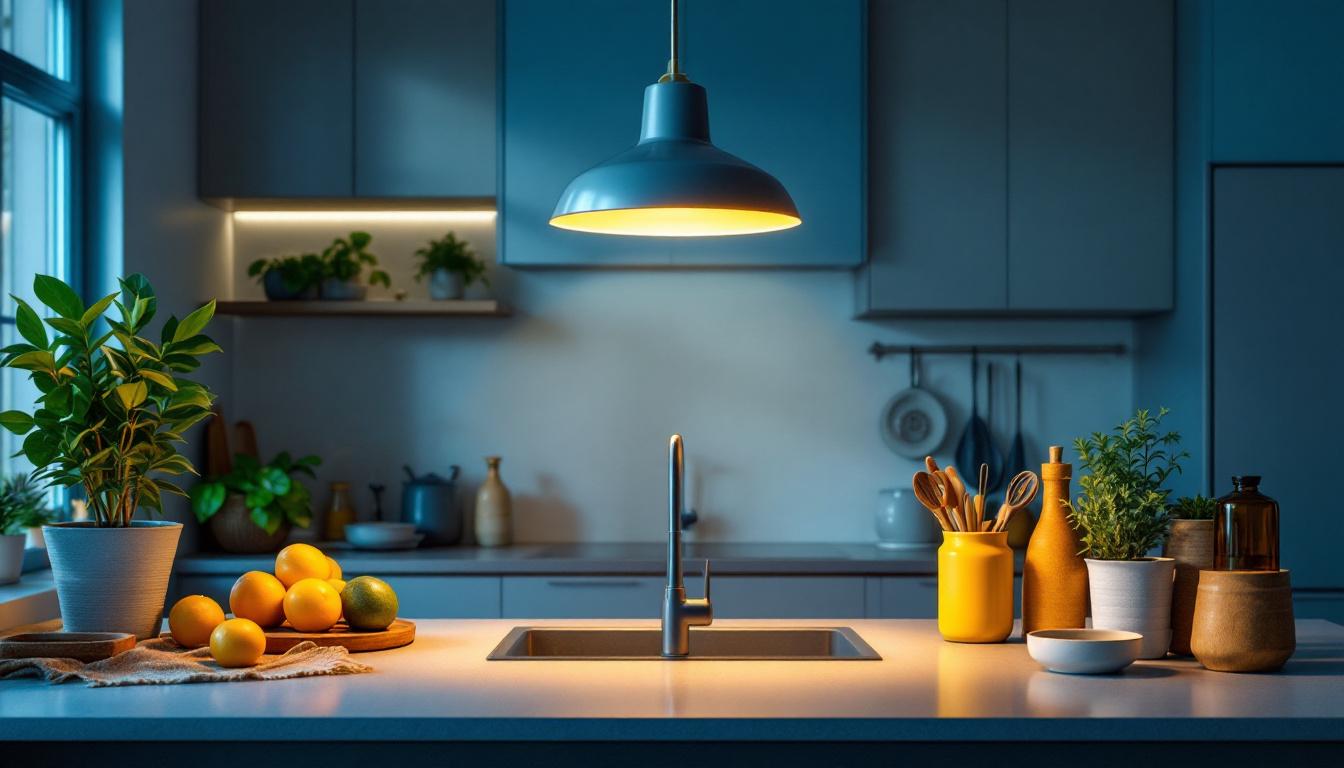 A photograph of a modern kitchen featuring a stylish overhead light fixture