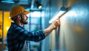 A photograph of a lighting contractor installing or showcasing a sleek