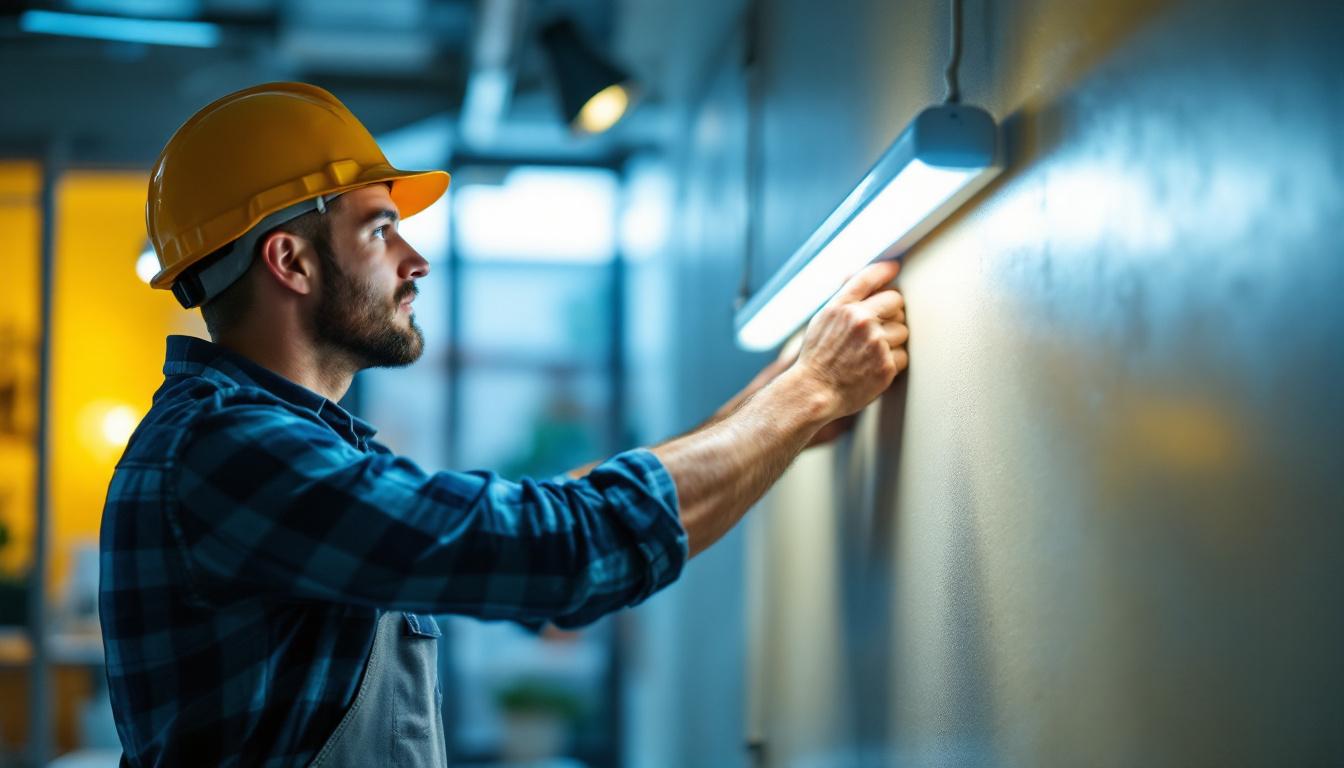 A photograph of a lighting contractor installing or showcasing a sleek