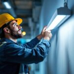 A photograph of a well-lit workspace featuring a led t8 light fixture installed in a commercial setting