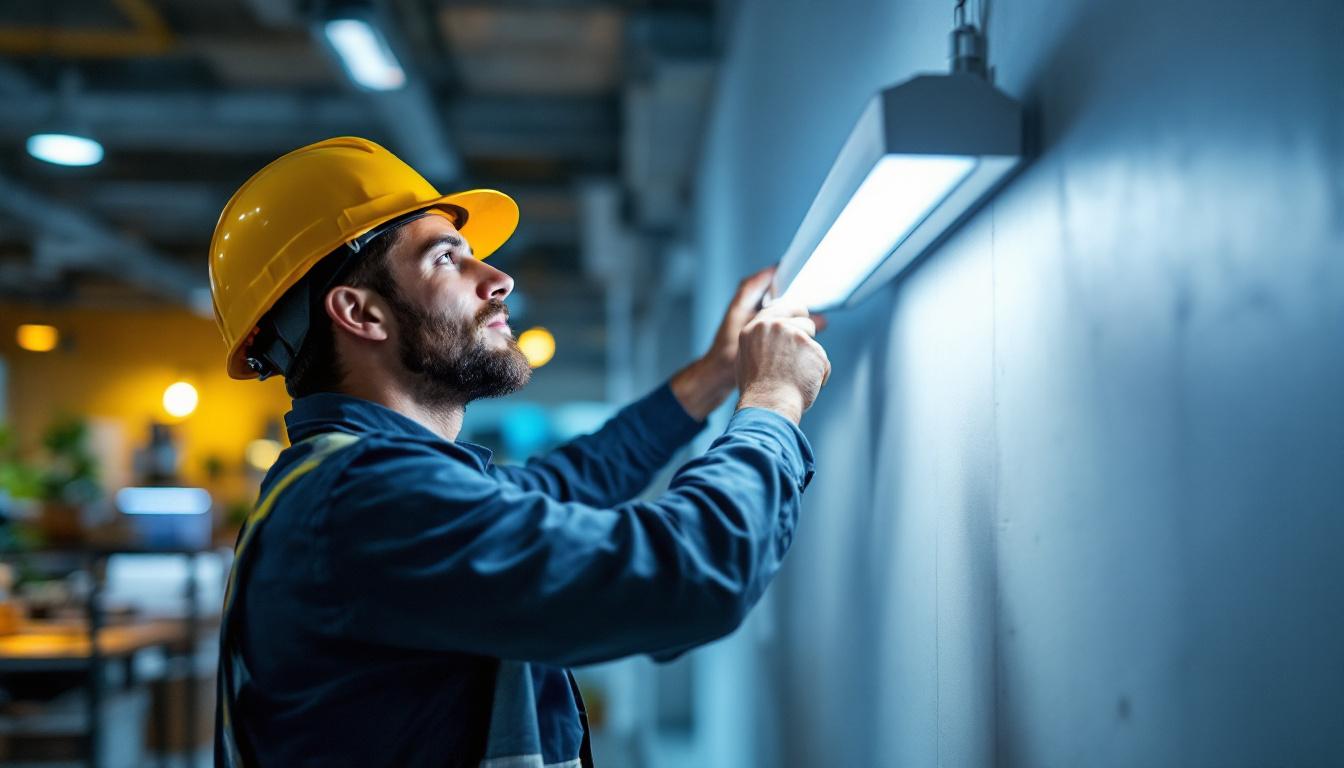 A photograph of a well-lit workspace featuring a led t8 light fixture installed in a commercial setting