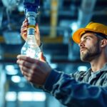 A photograph of a skilled lighting contractor expertly installing or adjusting a t8 bulb and ballast in a commercial or industrial setting