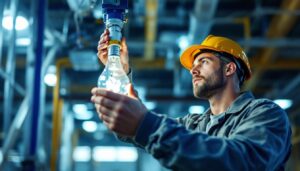 A photograph of a skilled lighting contractor expertly installing or adjusting a t8 bulb and ballast in a commercial or industrial setting