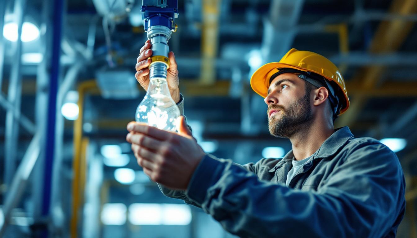 A photograph of a skilled lighting contractor expertly installing or adjusting a t8 bulb and ballast in a commercial or industrial setting
