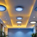 A photograph of a well-lit interior space featuring various recessed can lighting installations